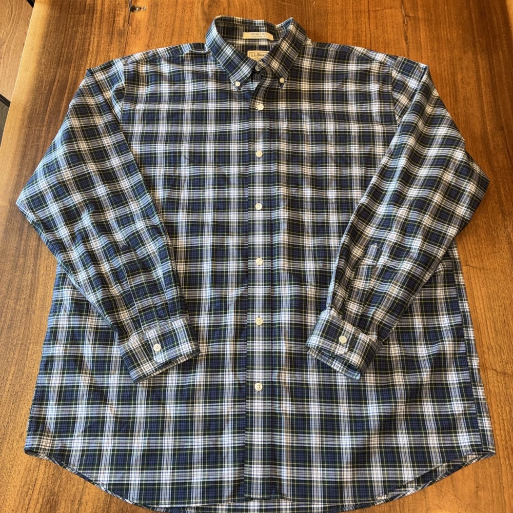 L.L.Bean Mens Shirt Wrinkle Free Button Down XL Blue Green Plaid Long Sleeve